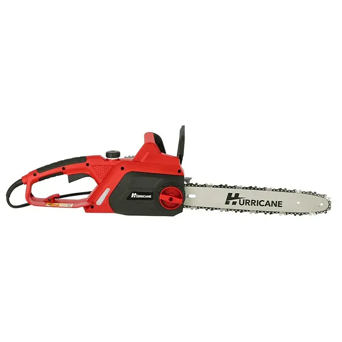 Hurricane Elektro-Kettensäge HEK-I-18/35 - 1.800 W, Schwertlänge: 35 cm, Max. Aststärke: 32 cm - Eine rote Hurricane Kettensäge mit schwarzem Griff und einer grauen Kette. Ideal für Gartenarbeiten.