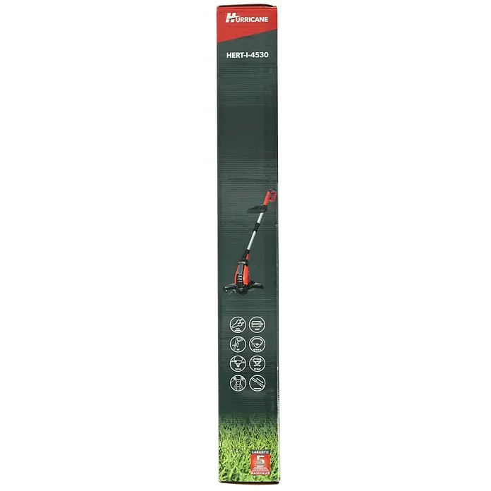 Hurricane Elektro-Rasentrimmer HERT-I-4530 - 450 W, Schnittbreite Faden: 30 cm - Hurricane HERT-I-4530 Rasentrimmer Verpackung. Der Trimmer ist rot und schwarz und hat einen Teleskopstiel für einfachen Gebrauch.