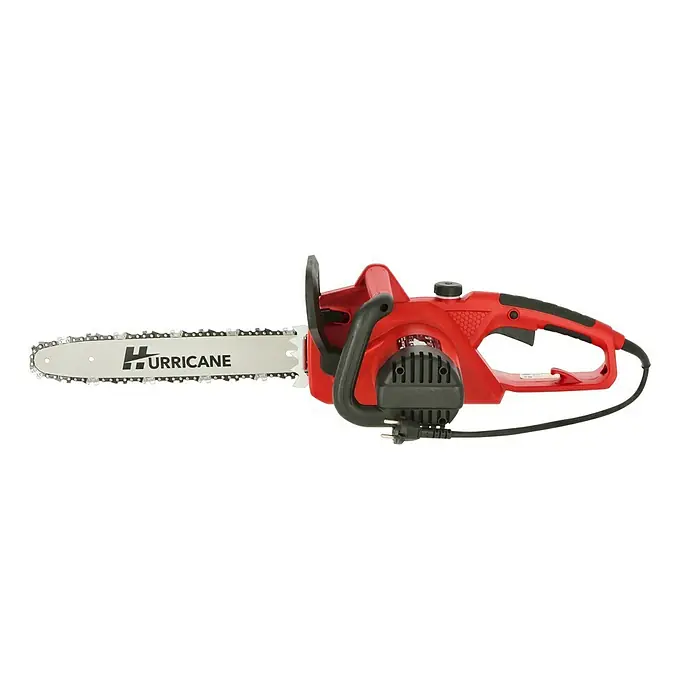 Hurricane Elektro-Kettensäge HEK-I-18/35 - 1.800 W, Schwertlänge: 35 cm, Max. Aststärke: 32 cm - Eine rote Hurricane-Kettensäge, ideal für Gartenarbeiten und Baumschnittarbeiten. Die Kettensäge ist ein unverzichtbares Werkzeug für jeden Gärtner.