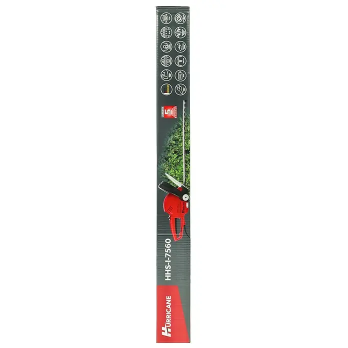 Hurricane Elektro-Heckenschere HHS-I-7560 - 750 W, Schnittlänge: 60 cm, Max. Aststärke: 29 mm - Abbildung der Verpackung einer Hurricane HHS-I-7560 Heckenschere mit Produktinformationen und Abbildungen der Schere.
