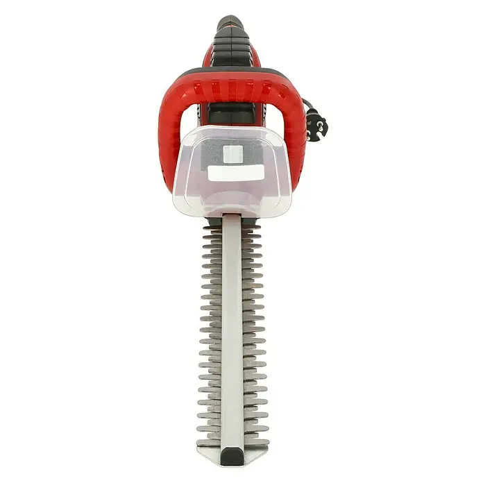Hurricane Elektro-Heckenschere HHSI 5551 - 550 W, Schnittlänge: 45 cm, Max. Aststärke: 14 mm - Eine Nahaufnahme einer Heckenschere mit rotem Griff und silbergrauen Klingen, ideal für die Gartenarbeit und Landschaftspflege.