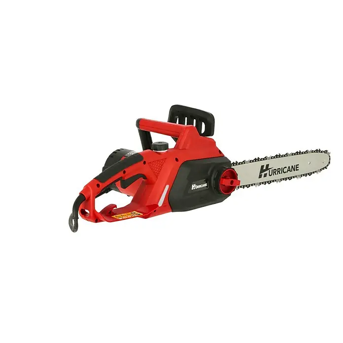 Hurricane Elektro-Kettensäge HEK-I-18/35 - 1.800 W, Schwertlänge: 35 cm, Max. Aststärke: 32 cm - Abbildung einer roten Hurricane-Kettensäge. Ideal für Gartenarbeiten, die Kettensäge bietet hohe Leistung und Zuverlässigkeit für präzise Schnitte.
