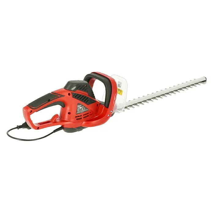 Hurricane Elektro-Heckenschere HHSI 5551 - 550 W, Schnittlänge: 45 cm, Max. Aststärke: 14 mm - Eine rote Heckenschere mit scharfen Klingen, ideal für den präzisen Gartenschnitt. Ihr ergonomisches Design sorgt für komfortable Handhabung.