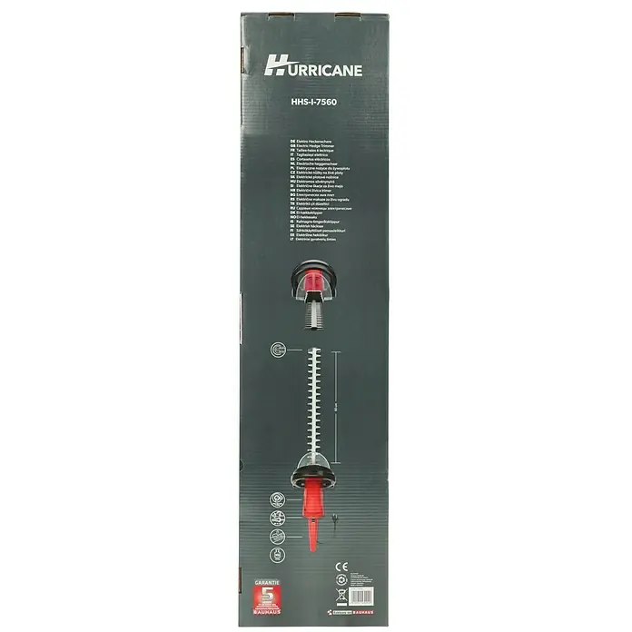 Hurricane Elektro-Heckenschere HHS-I-7560 - 750 W, Schnittlänge: 60 cm, Max. Aststärke: 29 mm - Karton der HURRICANE HHS-I-7560 Elektro-Heckenschere mit Produktbild und technischen Daten.