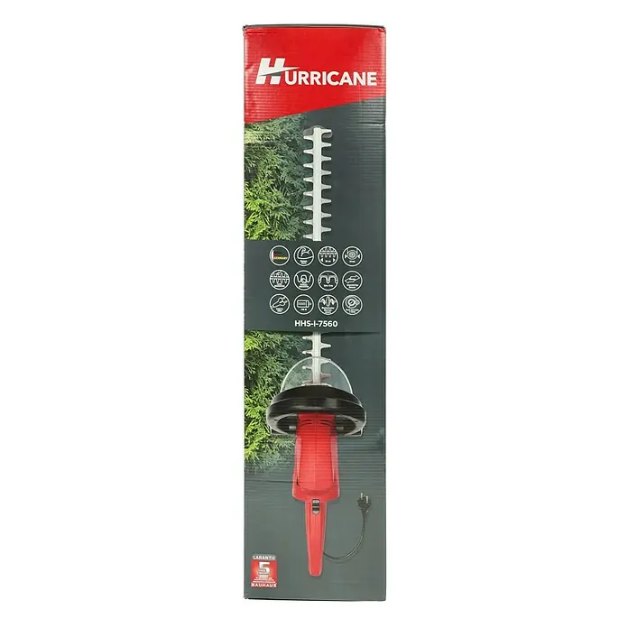 Hurricane Elektro-Heckenschere HHS-I-7560 - 750 W, Schnittlänge: 60 cm, Max. Aststärke: 29 mm - Produktverpackung einer Hurricane HHS-I-7560 Heckenschere mit rotem Griff und silberner Klinge, abgebildet auf dem Karton.
