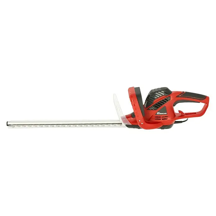 Hurricane Elektro-Heckenschere HHSI 5551 - 550 W, Schnittlänge: 45 cm, Max. Aststärke: 14 mm - Eine rote Hurricane Heckenschere mit scharfen Klingen, bereit für den Garteneinsatz. Das Gerät ist ideal für präzise Formschnitte an Hecken und Sträuchern.