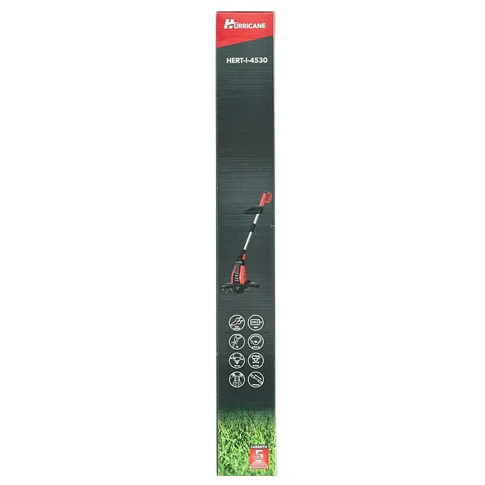 Hurricane Ersatzspule - Fadenlänge: 4 m, Fadenstärke: 1,4 mm - Produktverpackung eines Hurricane HERT-I-4530 Rasentrimmers mit Produktbild und technischen Details auf der Verpackung.