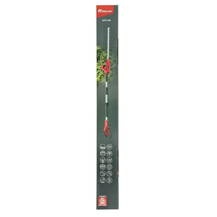 Hurricane Elektro-Heckenschere HHT-I-60 - 600 W, Schnittlänge: 51,5 cm, Max. Aststärke: 20 mm - Produktverpackung für eine HURRICANE HHT-I-60 Teleskop-Heckenschere in Grau und Rot mit technischen Daten und Garantiehinweisen.
