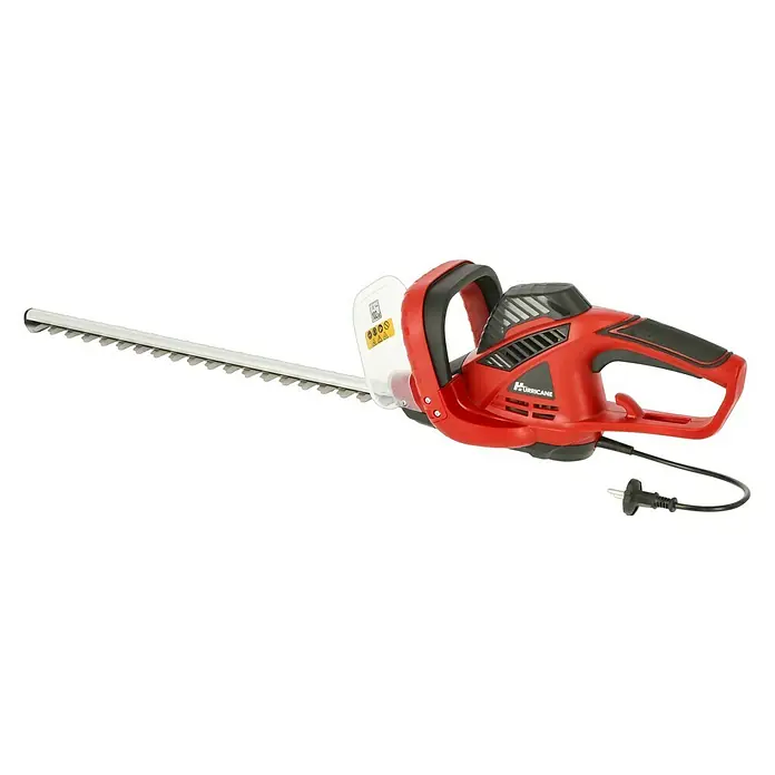 Hurricane Elektro-Heckenschere HHSI 5551 - 550 W, Schnittlänge: 45 cm, Max. Aststärke: 14 mm - Das Bild zeigt eine rote Hurricane Heckenschere mit silberfarbenem Schwert und schwarzem Griff.