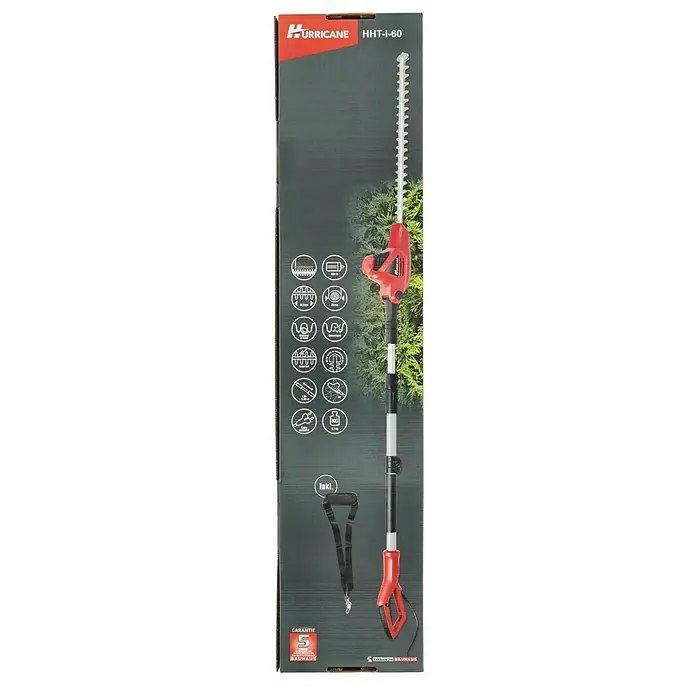 Hurricane Elektro-Heckenschere HHT-I-60 - 600 W, Schnittlänge: 51,5 cm, Max. Aststärke: 20 mm - Produktverpackung der Hurricane HHT-I-60 Heckenschere. Das Gerät ist rot/schwarz mit einem langen Schaft und Schneidwerkzeug.