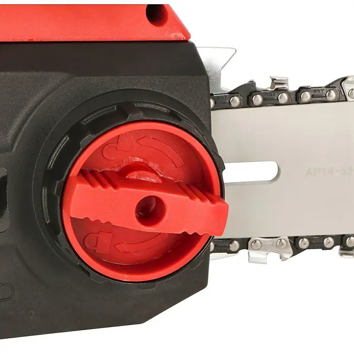 Hurricane Elektro-Kettensäge HEK-I-18/35 - 1.800 W, Schwertlänge: 35 cm, Max. Aststärke: 32 cm - Nahaufnahme einer Kettensäge mit rotem Griff und scharfer Kette für effizientes Schneiden von Holz.