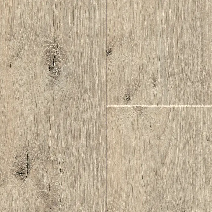 Egger Laminat NatureSense - Murom Eiche, Landhausdiele, 1.292 x 193 x 8 mm - Nahaufnahme von hellem Laminatboden mit Holzmaserung und Astlöchern für ein natürliches Aussehen.