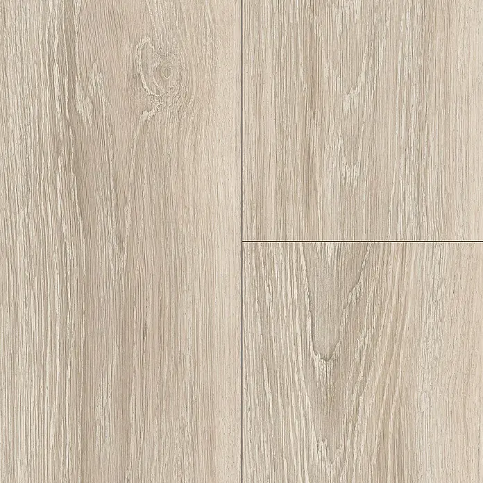 Egger Laminat NatureSense - Newport Eiche hellgrau, Landhausdiele, 1.292 x 193 x 7 mm - Nahaufnahme von vier hellen Holzpaneelen mit Maserung und Knoten, die ein natürliches, modernes Design zeigen.
