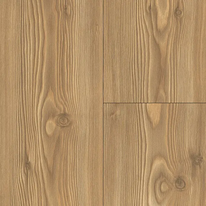 Egger Laminat NatureSense - Kanadische Fichte, Landhausdiele, 1.292 x 193 x 7 mm - Holzpaneele mit Maserung: Detailaufnahme einer Holzbodenoberfläche mit deutlicher Maserung und warmen Farbtönen.