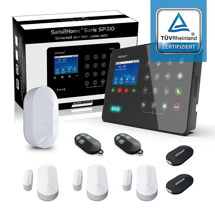 Safe2Home Set de sistema de alarma SP310 - Blanco - Sistema de alarma Safe2Home SP310 con pantalla táctil, detector de movimiento, mandos a distancia y sensores de puertas/ventanas para protección integral.