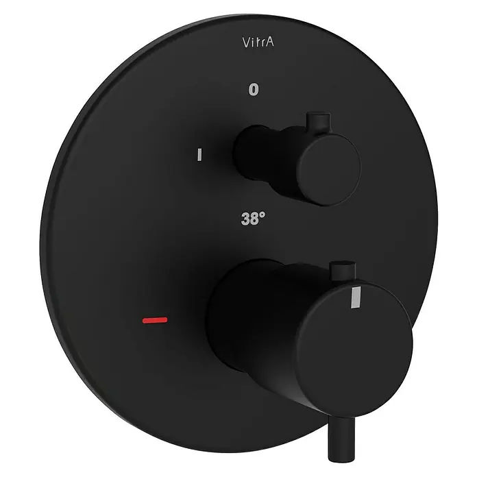 VitrA Flow Soft UP-Badewannenarmatur - Schwarz, Matt, Ausladung Armatur: 88 mm, Inclusive Hülse - Mattschwarze Thermostat-Duscharmatur mit zwei Bedienknöpfen, beschriftet mit VitrA, 38° und Durchflussanzeigen.