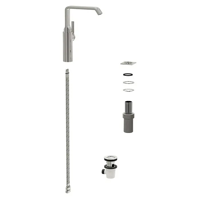VitrA Suit Waschtischarmatur - Chrom, Glänzend, Ohne Zugstange, Höhe: 25,7 cm - Zerlegter Chrom-Spültischarmatur- und Ablaufgarnitur mit flexiblen Schläuchen und Montageteilen.