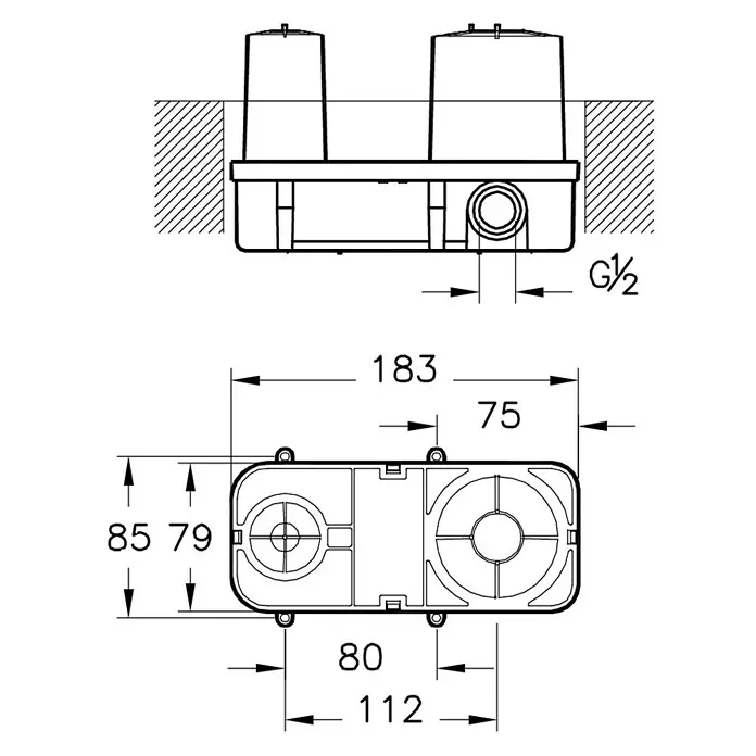 VitrA Unterputzsystem - ½″ - Technische Zeichnung einer Unterputz-Sanitäreinheit mit Maßen, Vorder-/Seiten- und Draufsicht, inkl. G½-Anschluss.