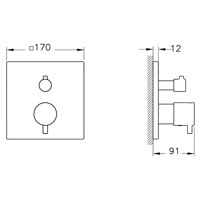 VitrA Flow Square UP-Badewannenarmatur - Ausladung Armatur: 91 mm, Chrom, Glänzend - Technisches Diagramm eines quadratischen Unterputz-Duschmischers mit zwei runden Bedienelementen. Vorderansicht 170mm breit, Seitenansicht 91mm tief.