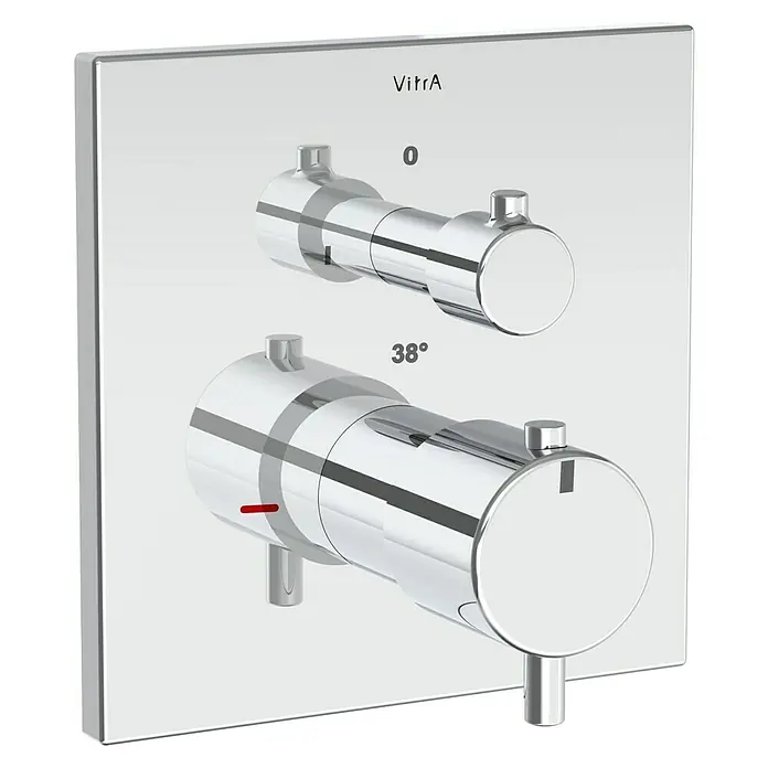 VitrA Flow Square UP-Badewannenarmatur - Ausladung Armatur: 91 mm, Chrom, Glänzend - Verchromter Unterputz-Duschmischer mit zwei horizontalen Bedienelementen: Durchfluss ('0') und Thermostat-Temperatur ('38°' mit Rotmarkierung).