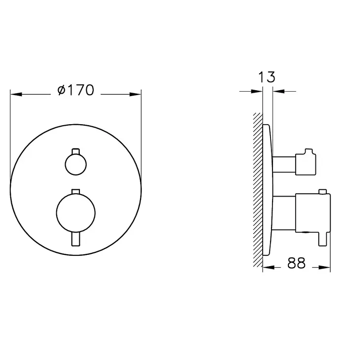 VitrA Flow Soft UP-Badewannenarmatur - Schwarz, Matt, Ausladung Armatur: 88 mm, Inclusive Hülse - Technisches Diagramm einer runden Wandduscharmatur mit zwei Bedienelementen. Durchmesser 170 mm, Gesamttiefe 88 mm.