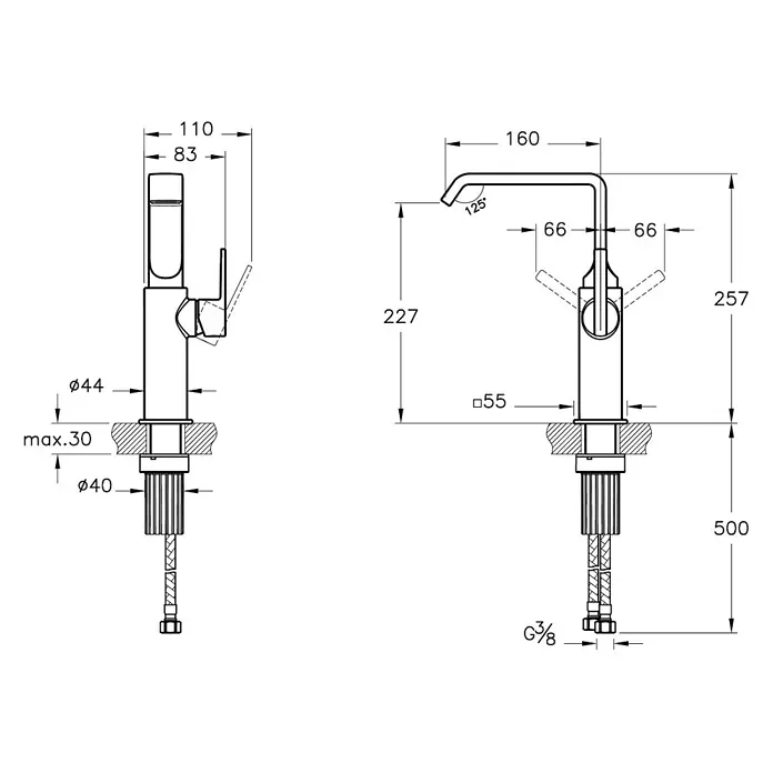 VitrA Suit Waschtischarmatur - Kupfer, Glänzend, Ohne Zugstange, Höhe: 25,7 cm - Technische Zeichnung einer Einhebel-Waschtischarmatur, Vorder- und Seitenansicht mit Hauptabmessungen.