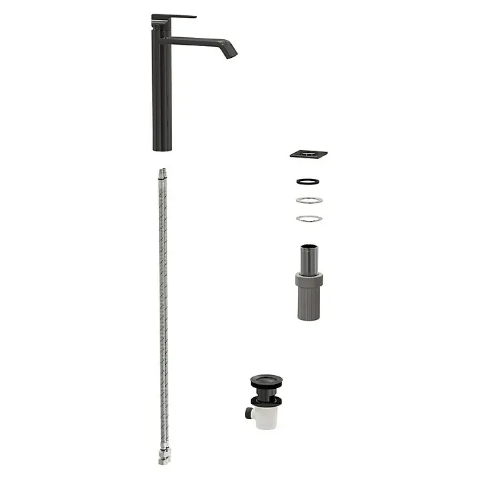 VitrA Suit Waschtischarmatur - Schwarz, Glänzend, Höhe: 26,4 cm - Explosionszeichnung einer dunkelgrauen modernen Armatur mit flexiblen Schläuchen und einer schwarz-weißen Pop-up-Ablaufgarnitur.