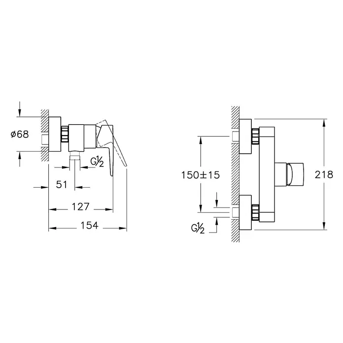 VitrA Flow Soft Brausearmatur - Ausladung: 12,7 cm, Schwarz, Matt - Technisches Diagramm eines wandmontierten Duschmischers mit detaillierten Maßen und G½-Anschlüssen.