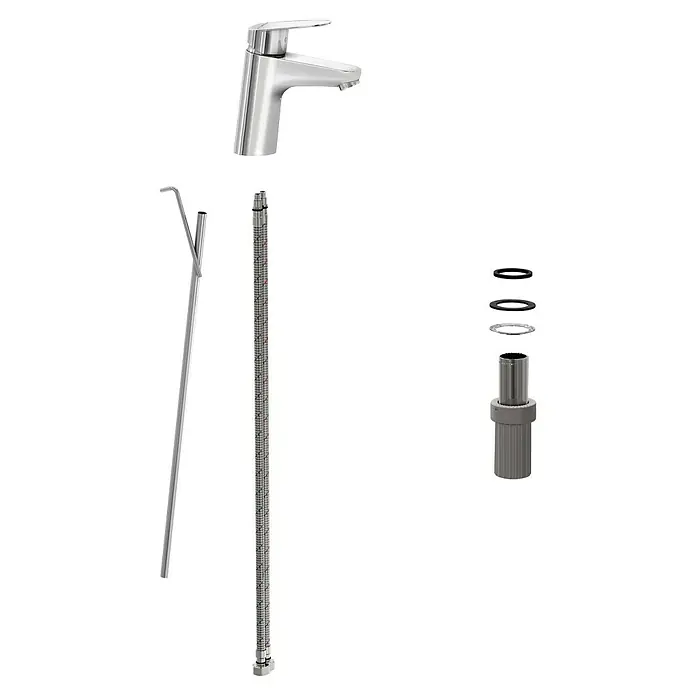 VitrA Flow Round Waschtischarmatur - Höhe: 15 cm, Ausladung Armatur: 114 mm, Chrom, Mit Zugstange - Zerlegte Chrom-Einhebelarmatur mit geflochtenen Anschlussschläuchen, Dichtungen und Montagematerial.