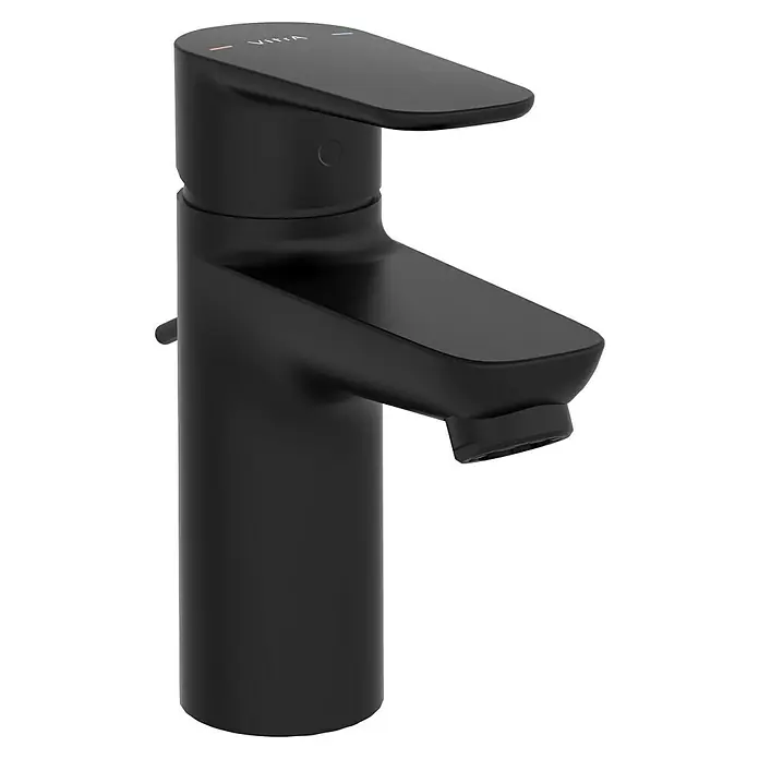 VitrA Flow Soft Waschtischarmatur - Schwarz, Höhe: 15 cm, Mit Zugstange - Moderner, mattschwarzer Einhebelmischer mit roten und blauen Temperaturindikatoren und VIVIA-Logo.