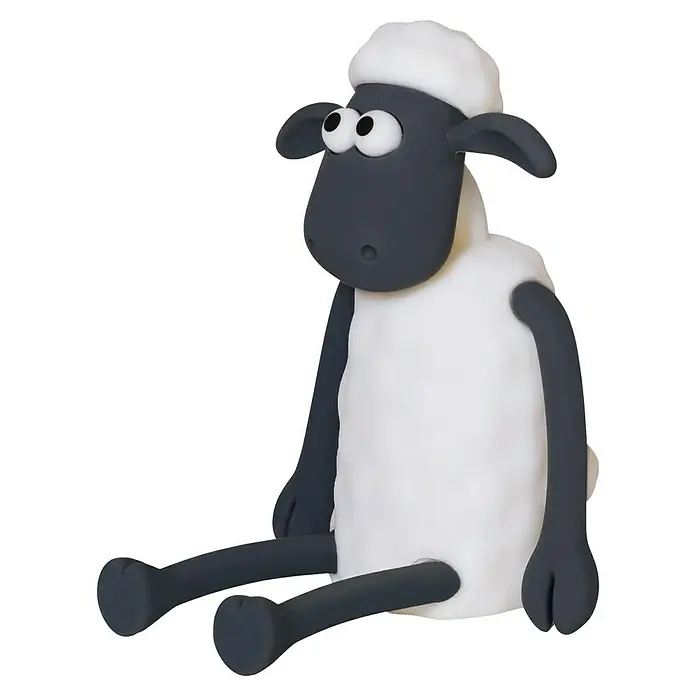 MegaLight Nachtlicht Shaun das Schaf - RGBW, Akkubetrieben - Dieses Bild zeigt Shaun das Schaf, eine charmante Zeichentrickfigur, die hier in einer sitzenden Pose mit einem melancholischen Ausdruck dargestellt ist.