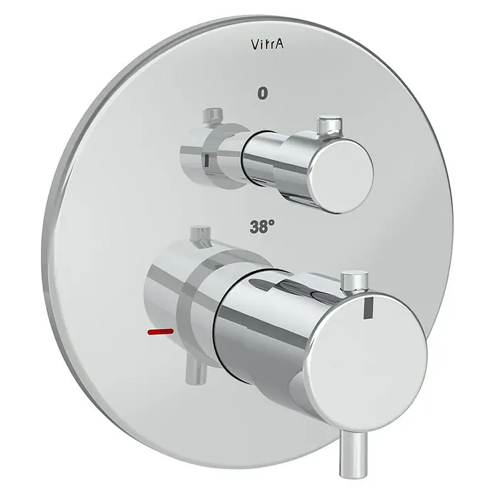 VitrA Flow Soft Brausearmatur - Chrom, Glänzend, Ausladung Armatur: 88 mm, Ohne Hülse - Verchromter Thermostat-Duschmischer mit zwei runden Bedienelementen für Durchfluss und Temperatur, inklusive 38°-Sicherheitssperre.