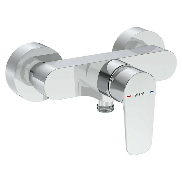 VitrA Flow Soft Brausearmatur - Ausladung: 12,7 cm, Chom, Glänzend - Verchromte Duscharmatur mit Einhebelmischer, VitrA-Branding und Heiß-/Kaltanzeigen.