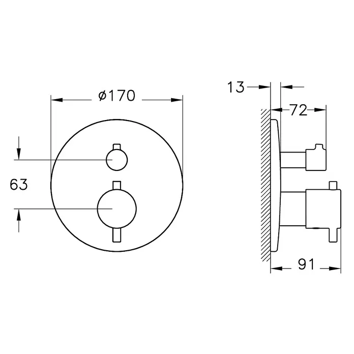 VitrA Flow Soft Brausearmatur - Chrom, Glänzend, Ausladung Armatur: 88 mm, Ohne Hülse - Technische Zeichnung einer runden Duscharmatur mit zwei Bedienelementen, Vorder- und Seitenansicht mit Maßen.