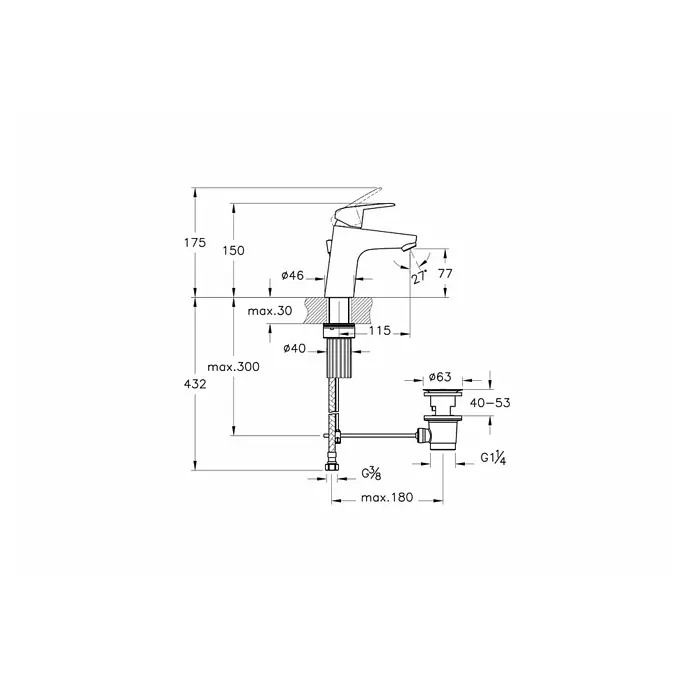 VitrA Flow Round Waschtischarmatur Eco - Höhe: 15 cm, Ausladung Armatur: 114 mm, Chrom - Technische Zeichnung eines verchromten Waschtischmischers mit Ablaufgarnitur, inklusive Maßen für die Installation.