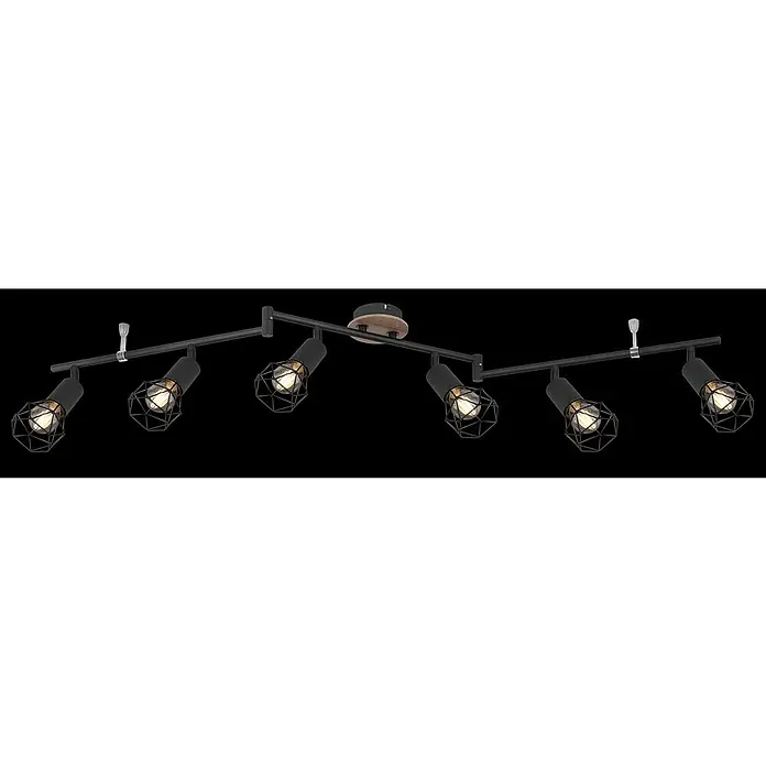 Globo Xara I Deckenstrahler - 40 W, L x B x H: 116 x 10 x 24,5 cm, Schwarz, E14 - Schwarze Deckenleuchte mit sechs Leuchten und Lampenschirmen im Käfig-Design. Die Lampe hat eine Deckenhalterung aus Holz.