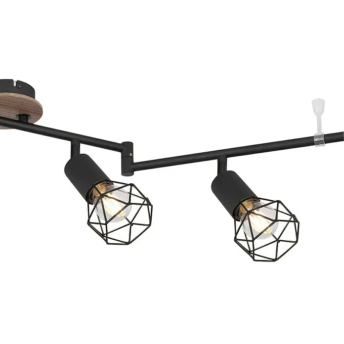 Globo Xara I Deckenstrahler - 40 W, L x B x H: 116 x 10 x 24,5 cm, Schwarz, E14 - Nahaufnahme der Deckenleuchte mit Holzsockel und schwarzen Metallschirmen im Industrie-Stil. Die Glühbirnen sind gut sichtbar.