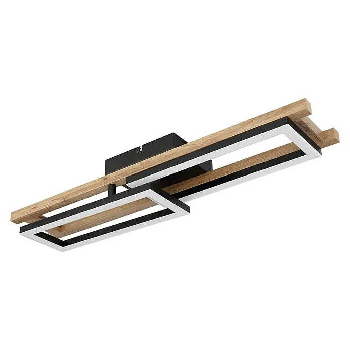 Globo LED-Deckenleuchte - 20 W, L x B x H: 69 x 36,5 x 10,5 cm, Schwarz - Moderne Deckenleuchte mit Holzelementen, schwarzem Metall und weißen LED-Streifen.