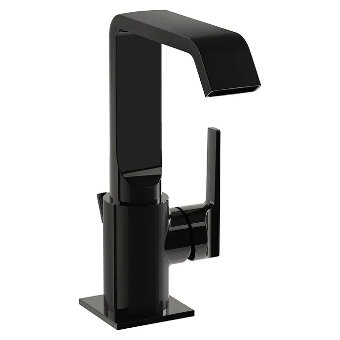 VitrA Suit Waschtischarmatur - Schwarz, Glänzend, Mit Zugstange, Höhe: 20,6 cm - Glänzender schwarzer moderner Wasserhahn mit quadratischem Sockel und Einhebelmischer.