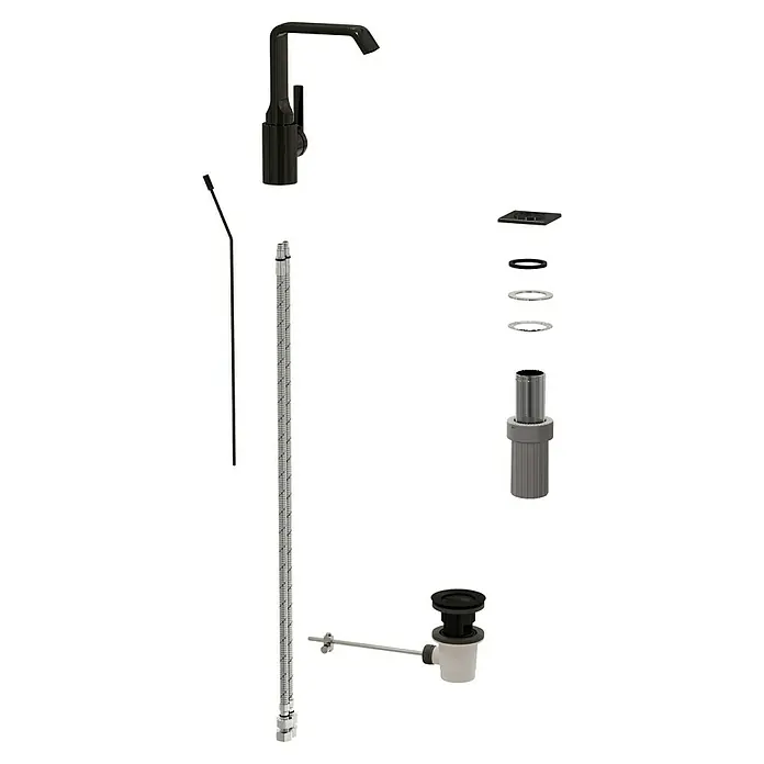 VitrA Suit Waschtischarmatur - Schwarz, Glänzend, Mit Zugstange, Höhe: 20,6 cm - Zerlegte schwarze Küchenarmatur und Abflussbaugruppe mit verschiedenen Installationsteilen.