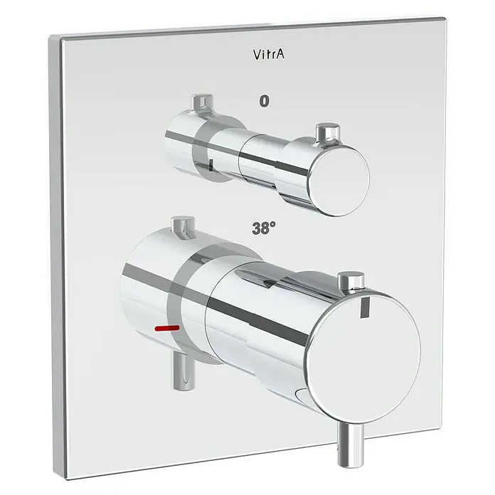 VitrA Flow Square UP-Badewannenarmatur - Ausladung Armatur: 89 mm, Chrom, Glänzend - Verchromte VitrA Thermostat-Duscharmatur mit quadratischer Rosette und zwei zylindrischen Bedienelementen für Temperatur und Durchfluss.