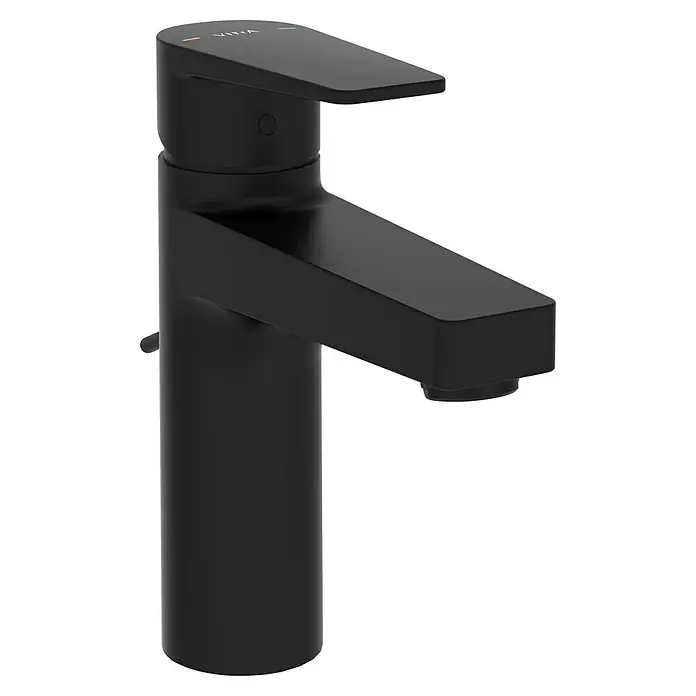 VitrA Flow Square Waschtischarmatur - Schwarz, Matt, Höhe: 17,6 cm, Mit Zugstange - Mattschwarze Einhebel-Armatur mit rechteckigem Auslauf und zylindrischem Sockel. Verfügt über Heiß-/Kaltanzeigen.