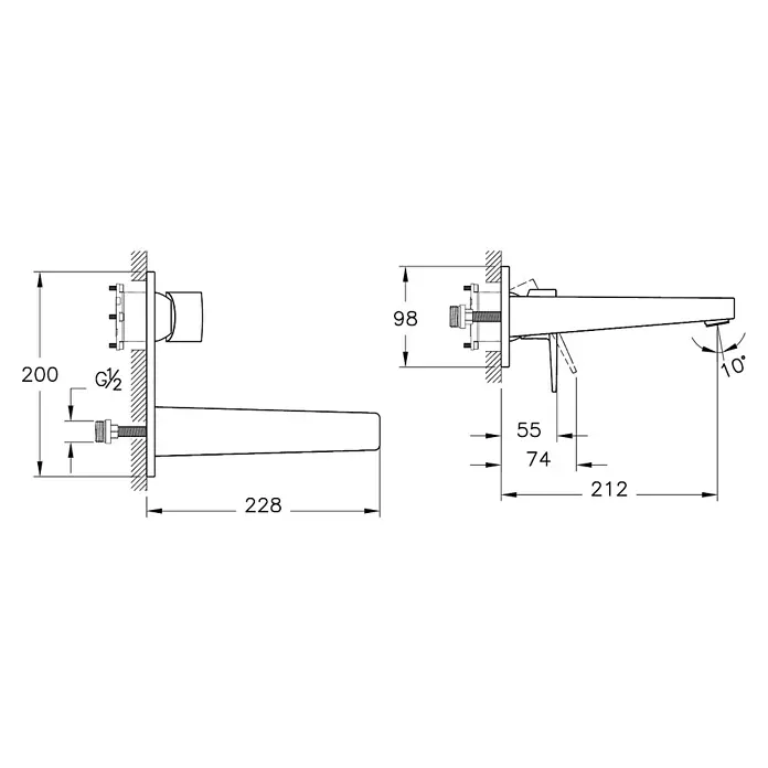 VitrA Flow Square Waschtischarmatur - Schwarz, Matt, Ausladung Armatur: 212 mm - Technische Zeichnung einer wandmontierten Armatur mit Maßen, langem Auslauf und G1/2-Anschluss.