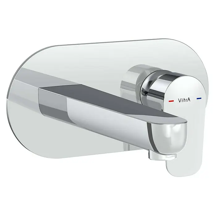 VitrA Flow Soft Waschtischarmatur - Chrom, Glänzend, Ausladung Armatur: 200 mm - Verchromte Wandarmatur mit flachem Auslauf und rundem Griff, VitrA-Logo und Temperaturanzeigen.