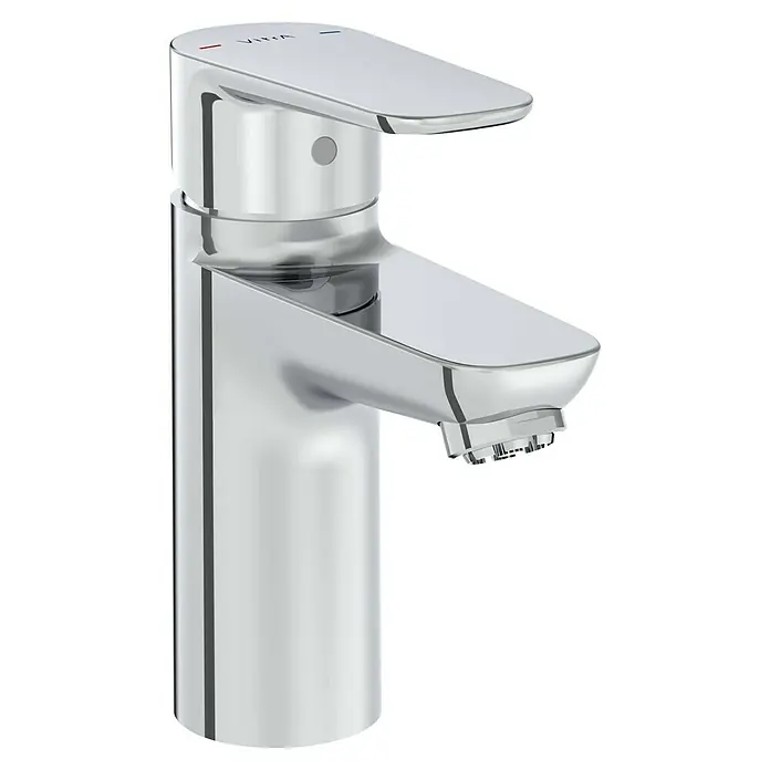 VitrA Flow Soft Waschtischarmatur - Niederdruck, Chrom, Glänzend, Höhe: 15 cm, Ohne Ablaufgarnitur - Einhebel-Waschtischarmatur aus poliertem Chrom mit roten und blauen Heiß-/Kaltwasseranzeigen.