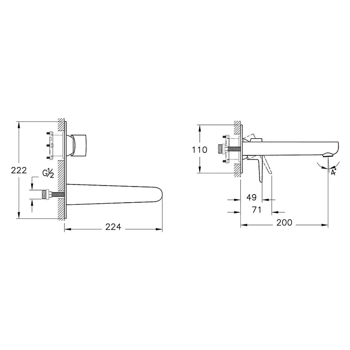 VitrA Flow Soft Waschtischarmatur - Schwarz, Matt, Ausladung Armatur: 200 mm - Technisches Zeichnung eines wandmontierten Wasserhahns mit Maßen, G1/2 Anschluss und 4 Grad Auslaufwinkel.