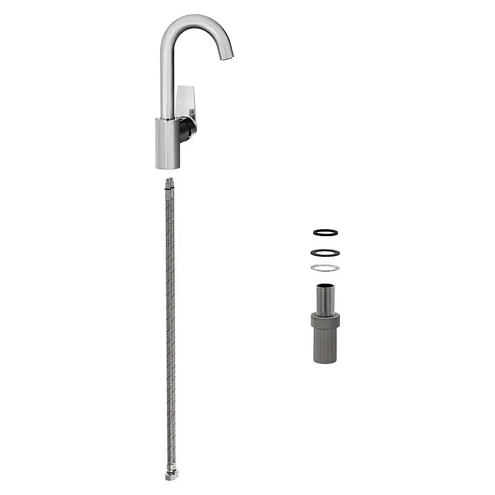 VitrA Flow Square Waschtischarmatur - Chrom, Glänzend, Höhe: 28 cm - Zerlegte Chromarmatur mit flexiblen Schläuchen, Befestigungsmutter und schwarzen Dichtungen.