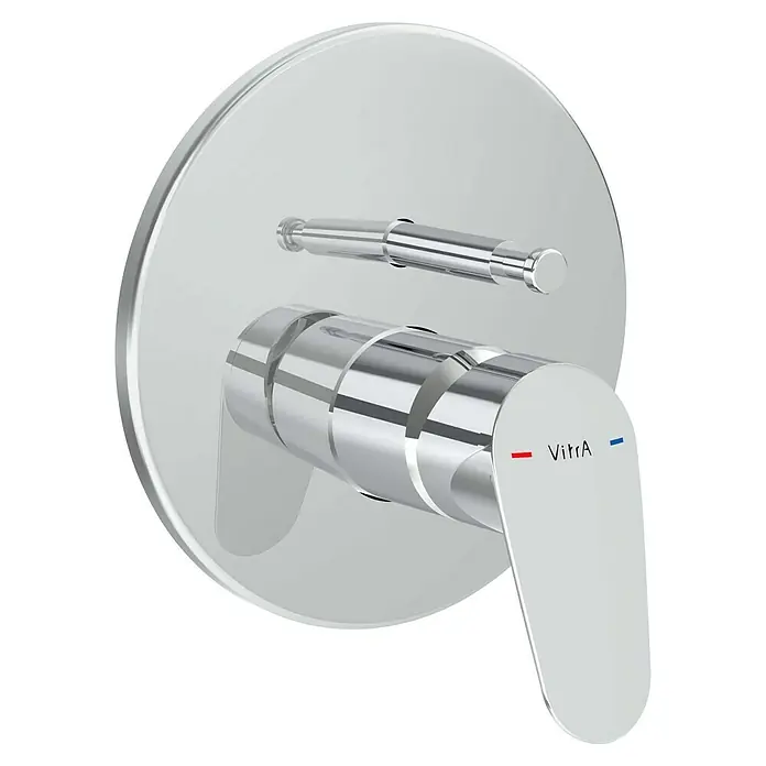 VitrA Flow Round UP-Badewannenarmatur - Chrom, Glänzend - Verchromte Einhebel-Duscharmatur mit runder Blende und VitrA-Schriftzug.