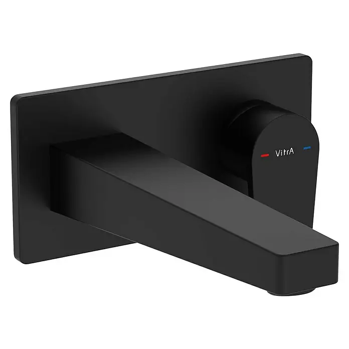 VitrA Flow Square Waschtischarmatur - Schwarz, Matt, Ausladung Armatur: 212 mm - Mattschwarze Wandarmatur mit flachem, rechteckigem Auslauf und Griff, inklusive VitrA-Logo und Warm-/Kaltanzeigen.
