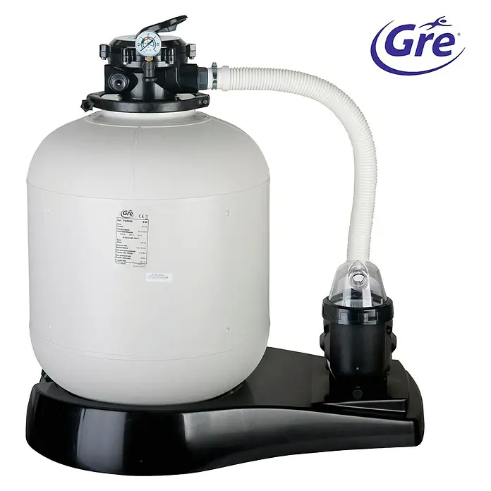 Gre Kit de piscina enterrada Sumatra - L x An x Al: 600 x 320 x 120 cm, 17.850 l - Vista del producto de un sistema de filtro de arena Gre para piscinas, ideal para agua limpia y fácil manejo.